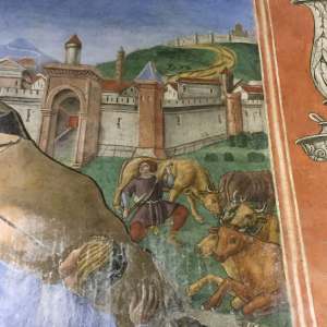 L'antica Siponto secondo Antoniazzo, sullo sfondo, Monte Sant'Angelo